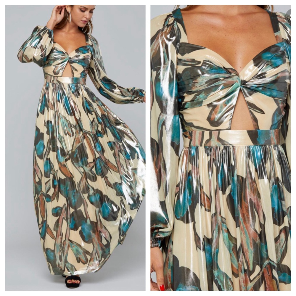 BEBE Twist Front Metallic Sleeveless Cut Out Gown